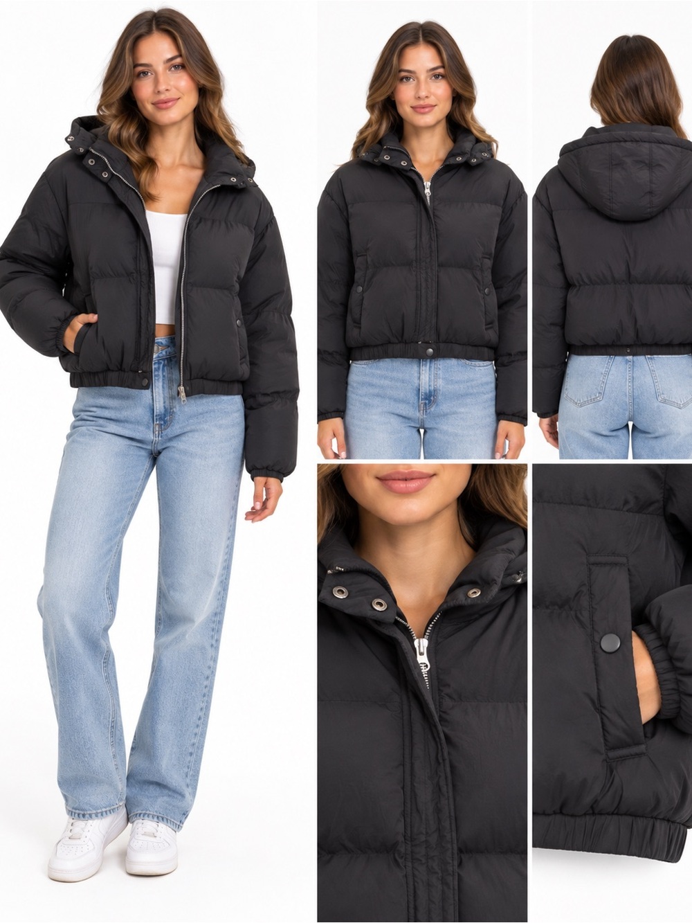 ANWND Black Cropped Puffer Jacket Hooded Zip Front Women’s L, EUC